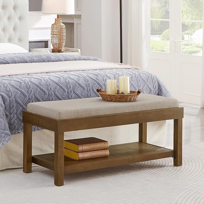24KF Large Rectangular Storage Bench,Upholstered Seat Cushion,Ottoman Coffee Table with Linen Removable Cushion for Living Room,Entryway Bench Bed Bench with Solid Wood Shelf,5069-Linen