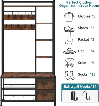 LUMTOK Hall Tree with Bench Storage and Shoes Storage, Hall Tree with Drawers and Shelves for Bedroom, 6-in-1 Entryway Organizer with Shelves, Living Room, Entryway, Closets (Rustic Brown)