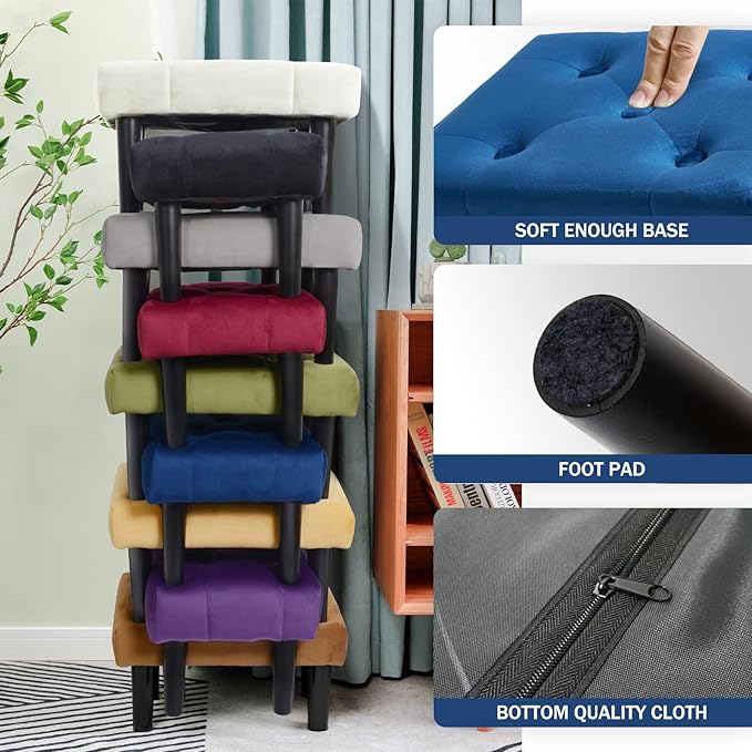HOUCHICS Small Footstool Ottoman, Velvet Wooden Foot Stool Ottoman with Wood Legs, Sofa Footrest Extra Seating for Living Room Entryway Office(Blue 2PACK)