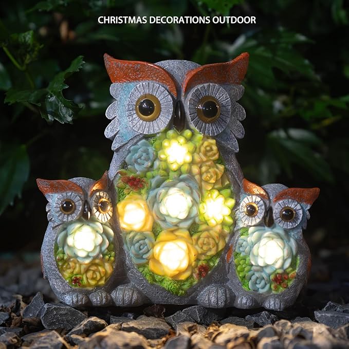 Solar Garden Statue Owl Decor – Cute Owl Family Figurines with LED Succulent Lights, Waterproof Outdoor Yard Art Ornaments for Patio, Lawn, Porch, Housewarming Gifts for Women Mom