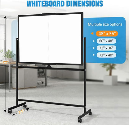 48" X 36" Large Rolling Whiteboard, 360°Rotation Magneitic White Board with Stand, Double Sides Whiteboard Easel on Wheels, Big Dry Erase Board for Office, School, Home