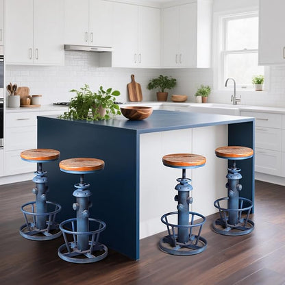 Topower Aged Steampunk Deco Industrial Round Bottom Adjustable Height Cafe Coffee Retro Vintage Fire Hydrant Design Pub Kitchen Counter Bar Stool (Antique Blue, Wooden Top)