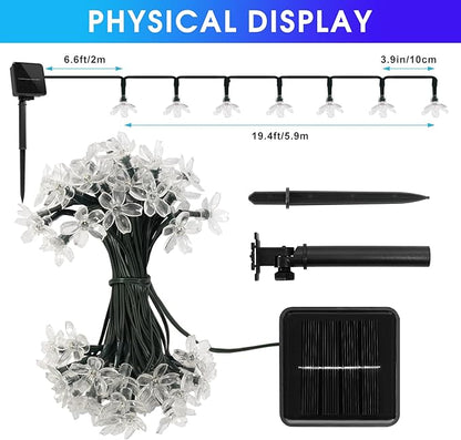 60 LED Solar String Lights Outdoor Waterproof Flower Fairy Lights for Garden Fence Patio Yard Christmas Tree Lawn Wedding Party Decor, Blue and Pure White