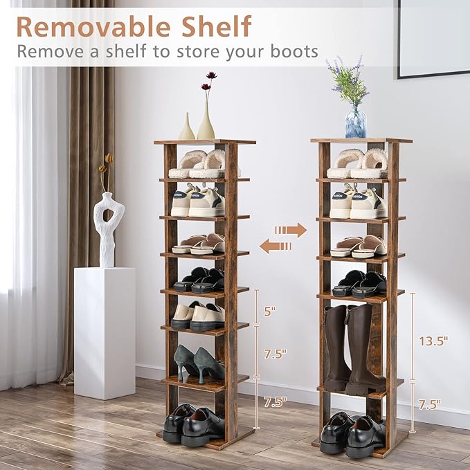 Giantex 8-Tier Vertical Shoe Rack, Patented Corner Shoe Storage Organizer for 8 Pairs, Freestanding Narrow Shoe Rack, Industrial Space-Saving Shoe Tower for Entryway, Living Room, Bedroom, Brown