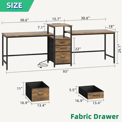 93'' Two Person Desk with Charging Station, Long Desk with 3 Fabric Drawers and Printer Shelf, Double Computer Desk, 2 Person Writing Study Table Workstation for Home Office, Rustic Brown