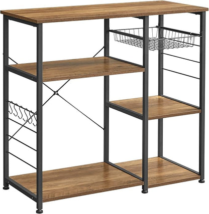 VASAGLE ALINRU Kitchen Baker’s Rack, Coffee Bar, Microwave Oven Stand, with Steel Frame, Wire Basket, 6 Hooks, for Mini Oven, Spices Utensils, Industrial, Rustic Walnut and Black UKKS090B41