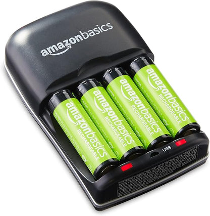 Amazon Basics Rechargeable Battery Charger for AA & AAA Ni-MH Batteries with USB Port, Portable, Travel-Friendly, Over-Charge Protection, Black