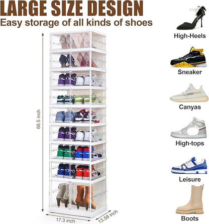 Foldable Storage Box - Easy Assembly Clear Plastic Stackable Shoe Storage Cabinet Organizer with Lids - Large Size Shoe Rack (9 layers clear)