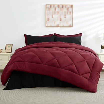 HEVUMYI Red & Black Queen Comforter Set - 7-Piece All Season Burgundy Bed in a Bag Queen, Ultra Soft Bedding Set with Comforter, Flat Sheet, Fitted Sheet, Pillowcases, Pillow Shams, Burgundy