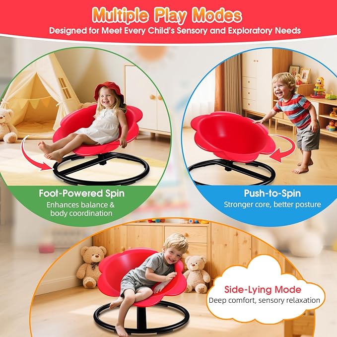 Lucky Flower Spinning Chair for Autism Kids, Sensory Swivel Chair Training Body Coordination, Sit and Spin Autism & ADHD Sensory Toys for Kids, Sensory Products Toys for Ages 3+ (Red)