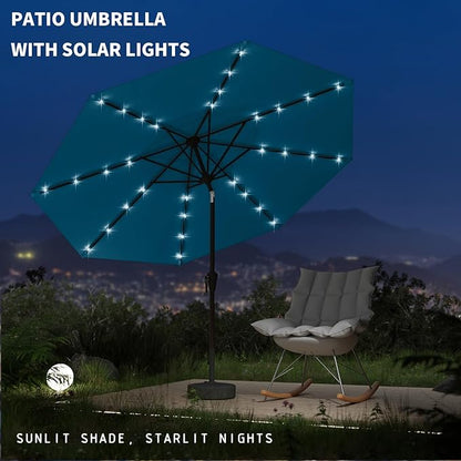 9FT Patio Umbrella with Solar Lights,Outdoor Market Umbrella with Tilt and Crank, LED Lighted Table Umbrella for Garden,Deck,Backyard,Pool,Beach (Lake Blue)