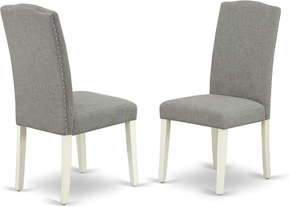 East West Furniture SHEN3-LWH-06 3 Piece Dining Set Contains a Round Kitchen Table with Pedestal and 2 Dark Shitake Linen Fabric Parson Dining Chairs, 42x42 Inch, Linen White