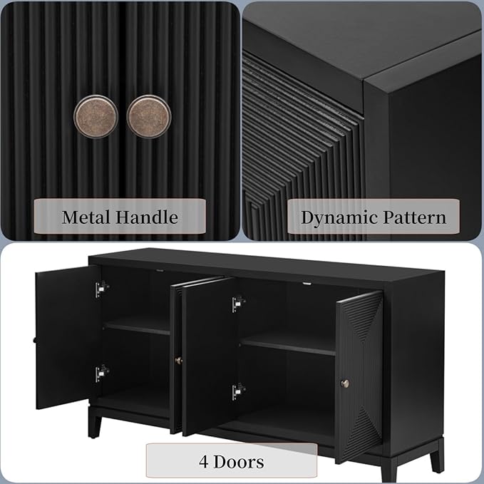 Merax 60" Sideboard Buffet Storage Cabinet with 4 Doors and Adjustable Shelves, Modern Wooden Accent Fluted Credenza Console Table for Kitchen, Study, Dining, Living Room, Coffee Bar, Entryway, Black