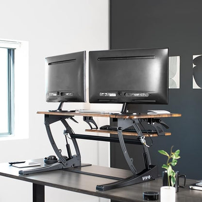 VIVO 42 inch Height Adjustable Stand Up Desk Converter, V Series, Quick Sit to Stand Tabletop Dual Monitor Riser Workstation, Rustic Vintage Brown Top, Black Frame, DESK-V000VLN