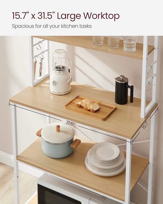 VASAGLE Coffee Bar, 31.5 Inches Baker's Rack for Kitchen with Storage, 6-Tier Kitchen Shelves with 6 Hooks, Microwave Stand, Industrial, Oak Colour and White UKKS019W09