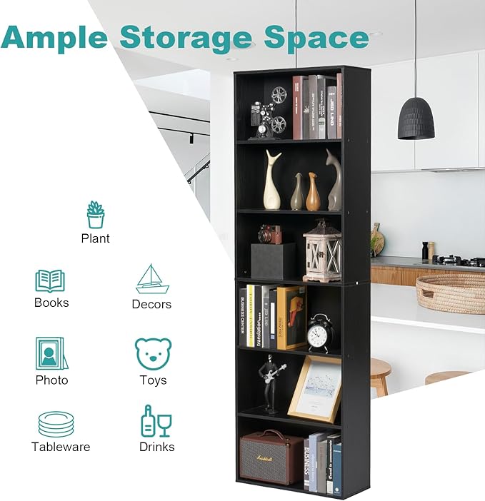 6-Tier Book Shelf, Floor Standing Open Bookcase, Wooden Display Storage Shelves with Anti-Tipping Device, 71" Tall Bookshelf for Bedroom, Living Room and Office, Black