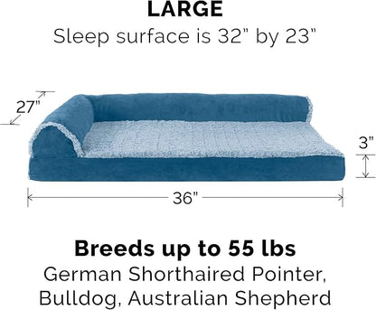 Furhaven Replacement Dog Bed Cover Two-Tone Faux Fur & Suede L Shaped Chaise, Machine Washable - Marine Blue, Large