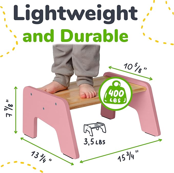 1-Step Wooden Step Stool for Toddlers | Kids Step Stool for Bathroom Sink, Kitchen, and Potty Training | Non-Slip Stool for Toilet Independence | Wooden Step for Children Ages 2+ Pink