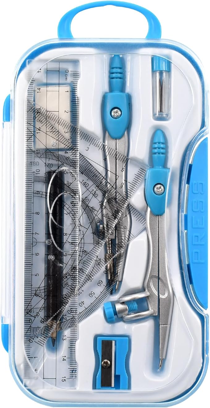 10 Pieces Math Geometry Kit Set Student Supplies with Shatterproof Storage Box,Includes Rulers,Protractor,Compass,Eraser,Pencil Sharpener,Lead Refills,Pencil,for School and Drawings（Blue）