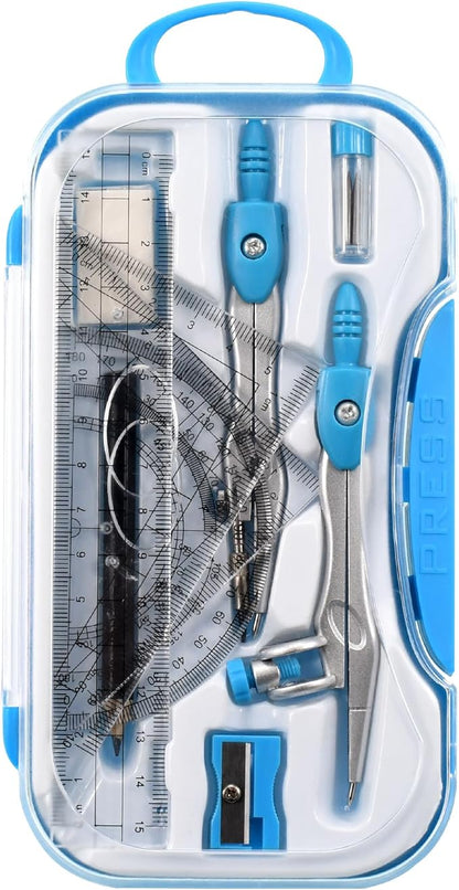 10 Pieces Math Geometry Kit Set Student Supplies with Shatterproof Storage Box,Includes Rulers,Protractor,Compass,Eraser,Pencil Sharpener,Lead Refills,Pencil,for School and Drawings（Blue）