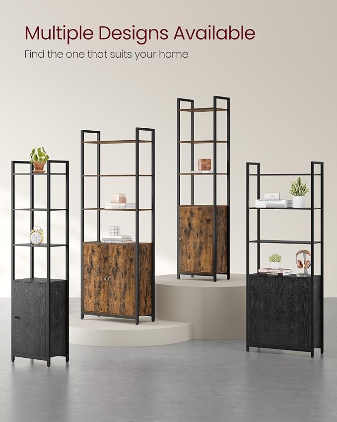 VASAGLE 6-Tier Bookshelf, Tall Bookcase with Cabinet, Steel Frame, Adjustable Shelves, 9.4 x 23.6 x 62.8 Inches, Living Room Bedroom, Rustic Brown and Ink Black ULLS133K01