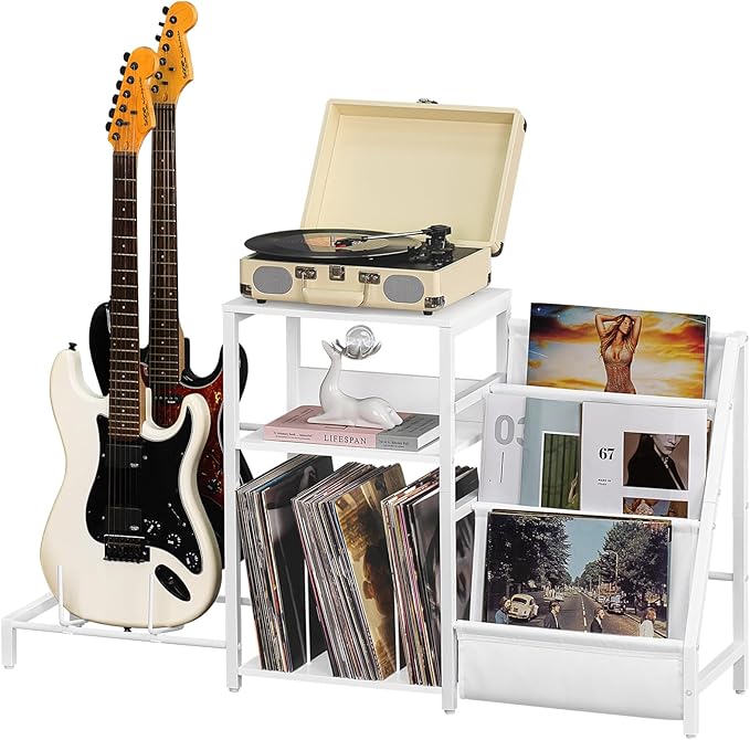 LELELINKY Record Player Table,Adjustable Guitar Stand for Acoustic Guitar, Electric Guitar, Bass, White Turntable Holder with Vinyl Storage Up to 150 Albums, Side Table with Magazine Periodical Rack