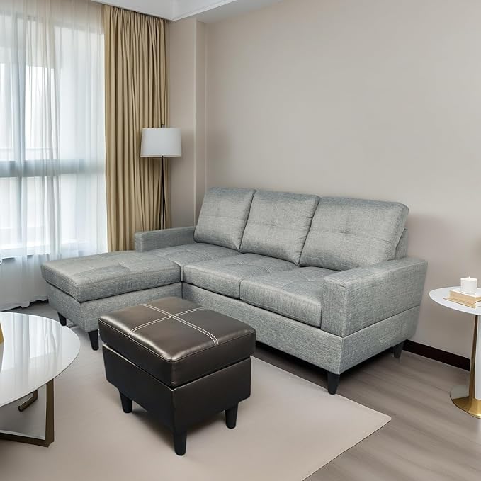 L Shaped Sofa with Ottoman, Modern Faux Leather Couch with Chaise, 3 Seat Living Room Sofa Set with Solid Wood, for Home, Apartment, Study Room, Brown Grey