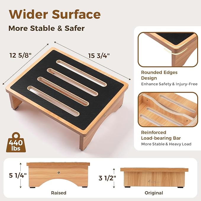 StrongTek 5" High Wooden Bed Step Stool for Adults, Sturdy Bedside & Shower Steps, 440lb Capacity, Versatile Mobility Aid for Seniors, Kitchen Use, Surgery Recovery, Anti-Slip, Portable Design