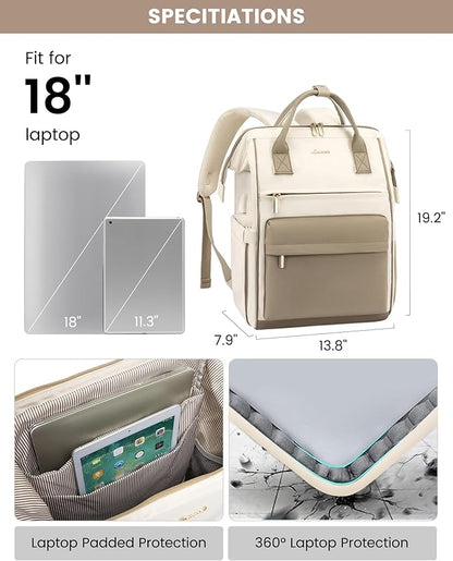 LOVEVOOK Laptop Backpack for Women, 18 Inch Work Teacher Nurse Bag, Large Capacity Business Computer Backpack Purse with USB Port, Stylish Casual Daypack for Travel,Beige&Khaki
