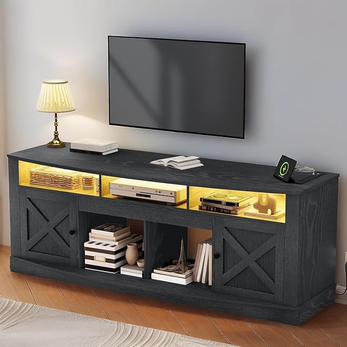 YITAHOME TV Stand for 75/80 Inch TV, Black Entertainment Center 70 Inches Wide, Media Furniture TV Table with with Power Outlet, TV Consoles for Living Room, Curved Desktop