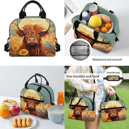Highland Cow Backpack Purse for Girls with Lunch Box 4-6 6-8 10-12 Teen Girls School Bag Kids Schoolbag Pencil Case Elementary Bookbag Water Bottle Sleeve Kindergarten Preschool
