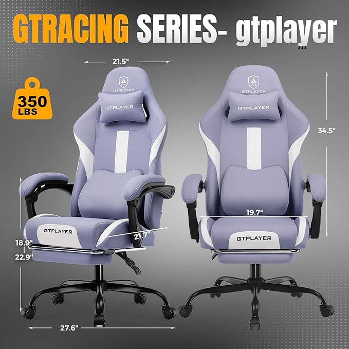 GTRACING Gaming Chair with Foot Rest & Pocket Spring Cushion, Breathable Fabric for Home Office Desk, Ergonomic High Back Computer Chair with Headrest & Lumbar Support, Lavender Purple