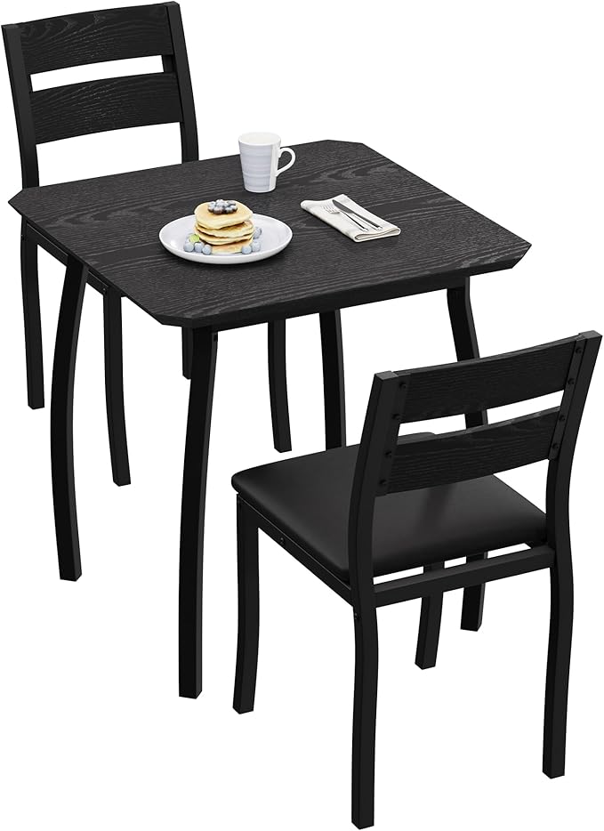 Small Dining Table Set for 2,3-Piece Kitchen Table Set with Thick Wood Grain Tabletop & 2 Upholstered Chairs & Metal Frame, Compact Table Set for Small Spaces, Kitchens & Dining Rooms (Black)