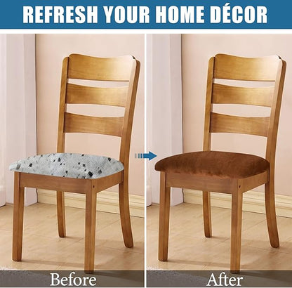 Smiry Velvet Seat Covers for Dining Room Chair Set of 2, Stretch Fit Removable Washable Chair Seat Cushion Protector Slipcovers with Ties, Camel