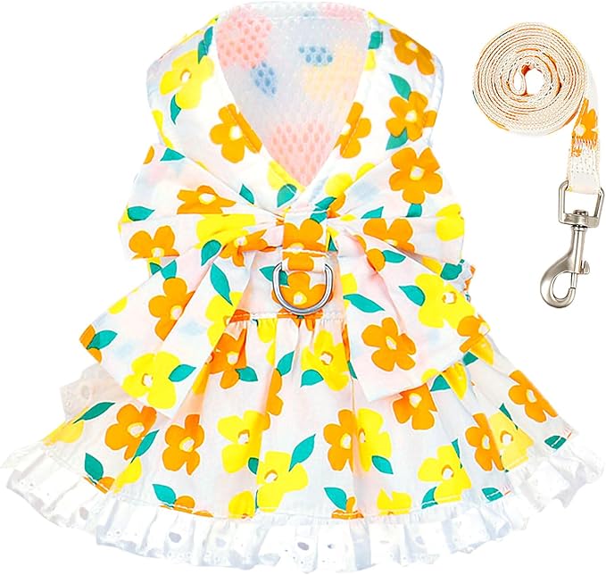 Dog Harness Dress Leash Set for Small Dog Summer Clothes Girl Female Puppy Cats Outfits Cute Floral Bowknot Princess Birthday Dress for Extra Small Pet Doggie Kitten Outfits Apparel(Yellow,L)