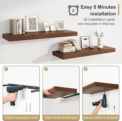 Heimlove Walnut Bathroom Shelves Floating Shelves for Wall Shelf Over Toilet Long Wall Mounted Modern Farmhouse,48 x 12 Wall Shelves with Invisible Brackets for Living Room, Kitchen, Bedroom