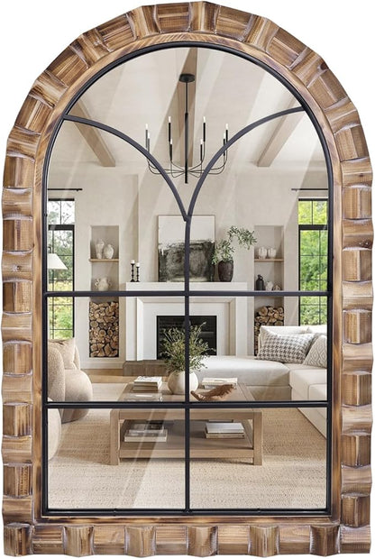36x24 Inch Arched Window Pane Wall Mirror - Rustic Farmhouse Solid Wood Decorative Mirror for for Living Room, Bedroom, Entryway & Bathroom