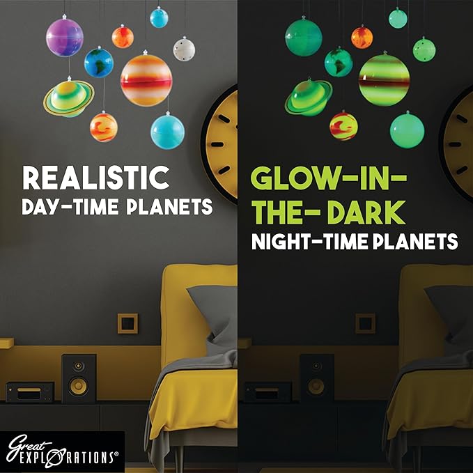 Great Explorations, 3-D Solar System Glow In The Dark Ceiling Hanging Kit 3D Planets and Star Stickers Create the Milky Way Teach Science STEM