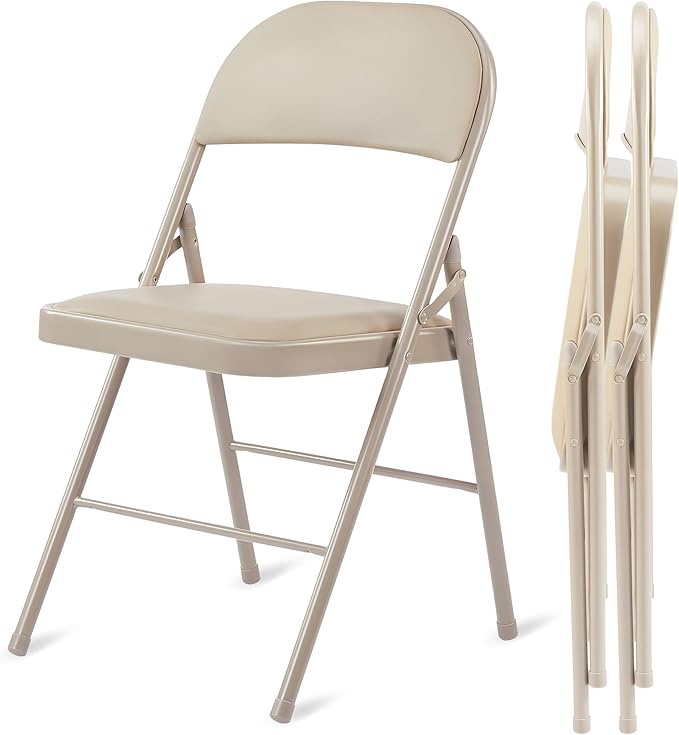 HealSmart 2 Pack Folding Chairs with Leather Padded Cushion Seats & Durable Metal Frame, Comfortable, Foldable, Portable, Commercial Event Seat, Indoor Outdoor for Home, Parties, Office, Kahki