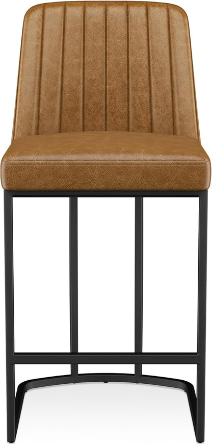 Counter Height Bar Stools Set of 2, Upholstered Leather Barrel Barstools with Back and Metal Legs for Kitchen Island, 27.4" Seat Height, Fabric in Faux Leather, Rustic Brown