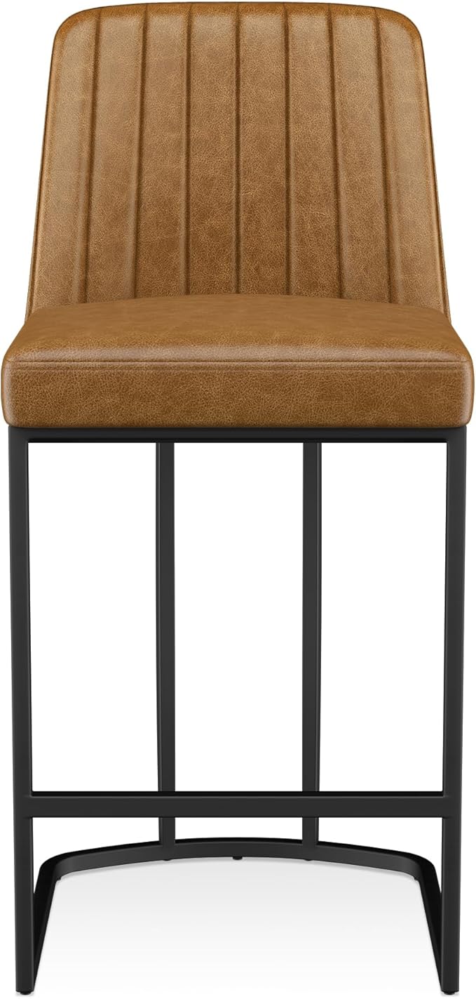 Bar Stools Set of 4, Faux Leather Counter Height Barstools, Upholstered Kitchen Counter Stools with Back and Stitching, 25.6" H Kitchen Island Stools Bar Chair, Metal Framed, Whisky Brown
