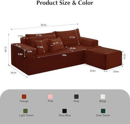 84'' Boneless Sectional Couch for Living Room, Convertible L-Shape Modular Sectional Sofa in A Box with Movable Ottoman, 3-Seater Corduroy Cloud Couch 2 Throw Pillows, No Assembly Required, Orange