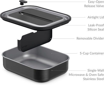 Bentgo MicroSteel Leak-Proof Lunch Box - Microwave-Safe, Oven-Safe, Bento-Style Container with Removable Divider, Airtight Lid, Sustainable Design, Odor & Stain Resistant (Carbon Black)