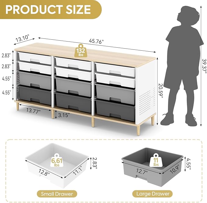 12-Drawer Storage Cabinet with Wooden Tabletop, Versatile Cube Storage Organizer Bin Storage for Home, Office, Playroom, Classroom & Craft Room Storage (Gradient Grey)