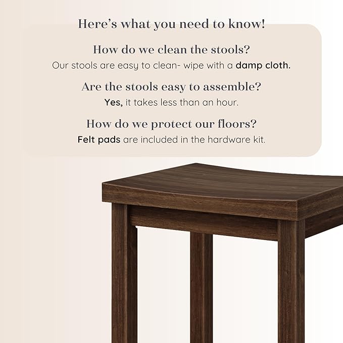 Grain & Grove Smith Collection Solid Wood Counter Height Bar Stool, 24-Inch Saddle Seat Backless Stool, Ideal for Kitchen Island, Dining, or Home Bar Seating, Walnut