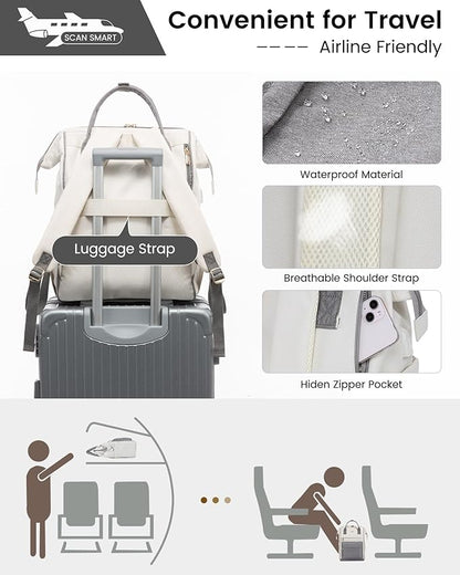LOVEVOOK Laptop Backpack for Women, 17 Inch Work Teacher Nurse Bag, Large Capacity Business Computer Backpack Purse with USB Port, Stylish Casual Daypack for Travel,Beige&Grey