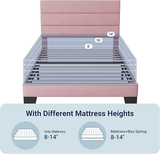 Allewie Twin Size Platform Bed Frame with Velvet Upholstered Headboard and Wooden Slats Support, Fully Upholstered Mattress Foundation/No Box Spring Needed/Easy Assembly, Pink
