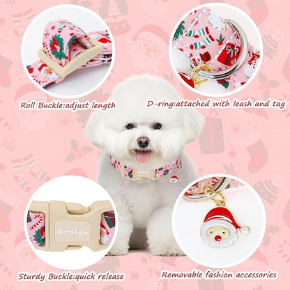 Pink Christmas Dog Collar, Adjustable Cotton Dog Collars with Santa & Snowman Patterrn, Holiday Dog Collars for Small Dogs, Cute Winter Collar for Girl Boy Dogs-S