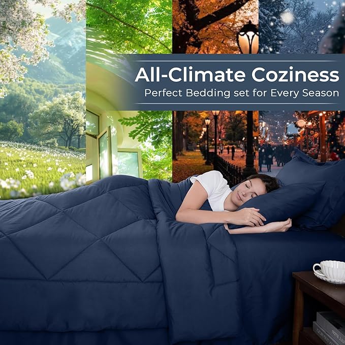 HEVUMYI Navy Blue King Comforter Set - 7-Piece All Season Bed in a Bag King, Ultra Soft Bedding Set with Comforter, Flat Sheet, Fitted Sheet, Pillowcases, Pillow Shams, Navy Blue
