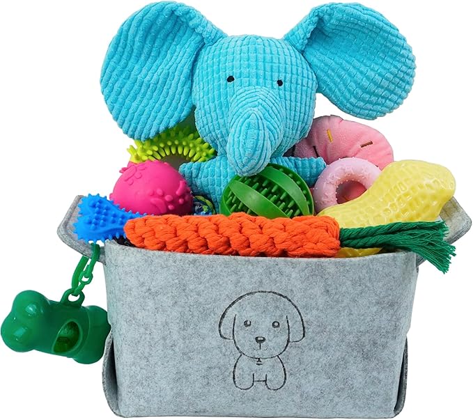 20Pcs Puppy Chew Toys for Teething, Dog Chew Toys with Rope Toys, Pet Dog Toothbrush, Treat Balls, Plush Toys and Squeaky Toy for Small Medium Dogs with Basket (20 Pack Elephant)